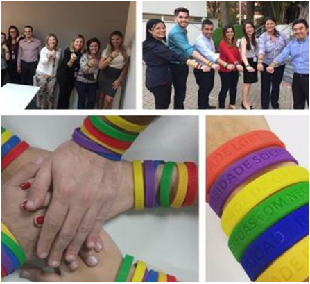a collage of pictures featuring various ADP associates showing off colorful bracelets