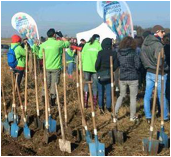 several blue shovels standing in the ground behind a group of ADP associates