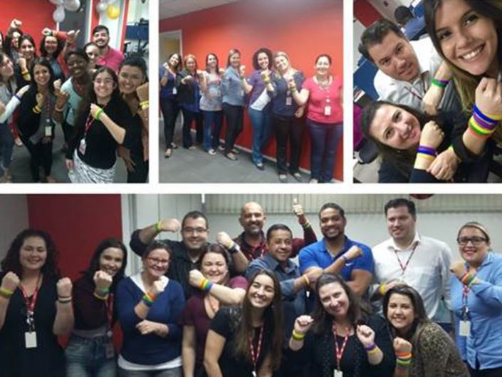 a collage of pictures featuring various ADP associates showing off colorful bracelets